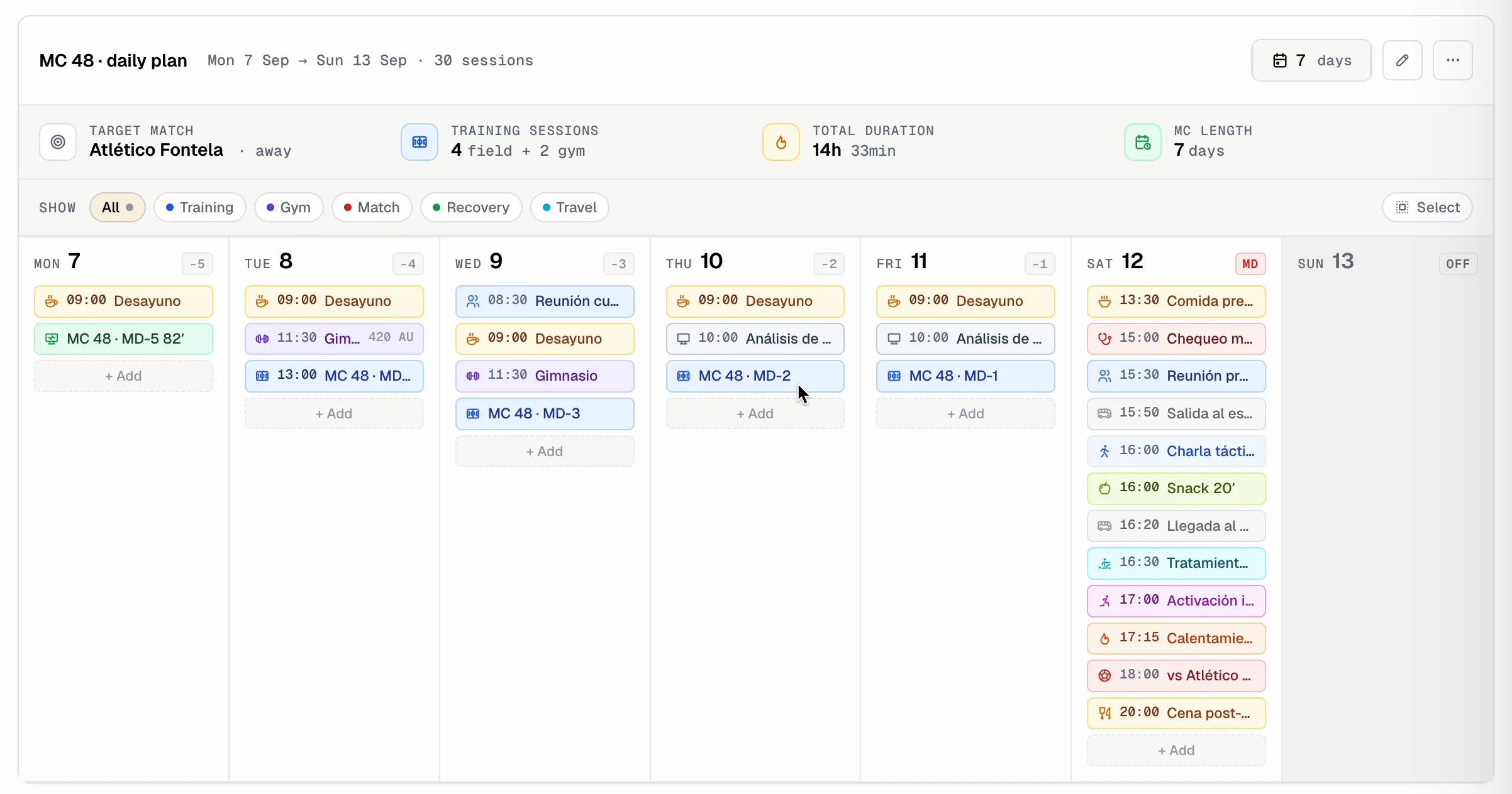 Weekly microcycle in the ClavaMetrics calendar — target match, session count, total duration and every day of the week with its sessions